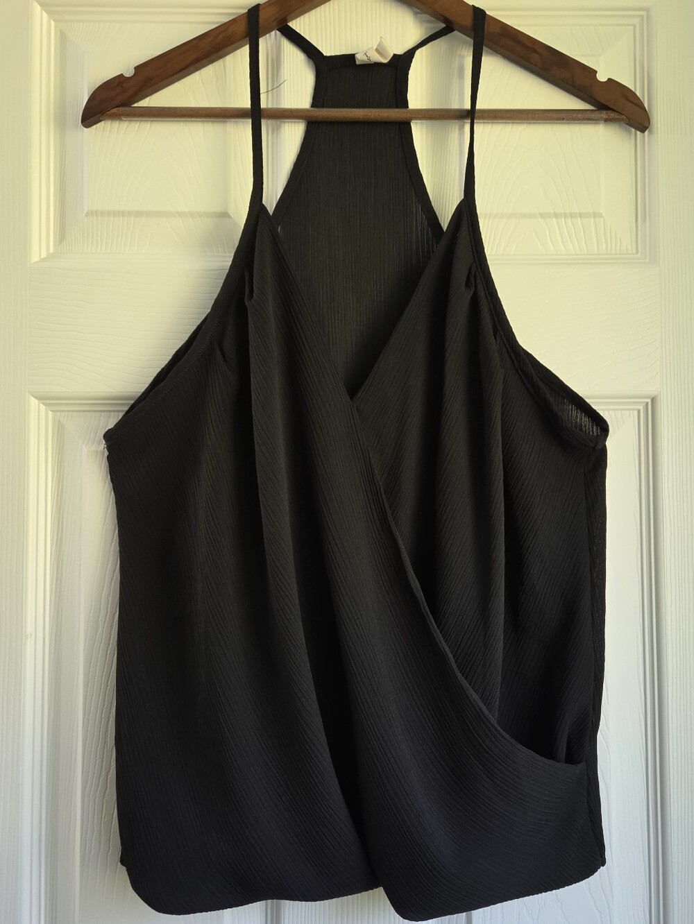 Tyche Black Surplice Faux Wrap Racerback Tank Top Size L NWOT